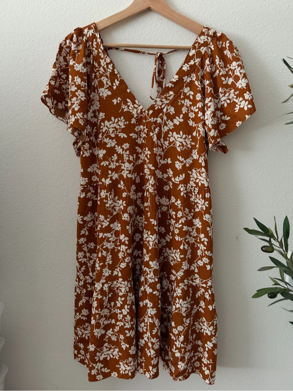 Old Navy Rust Brown Floral Midi Dress with Cream Print